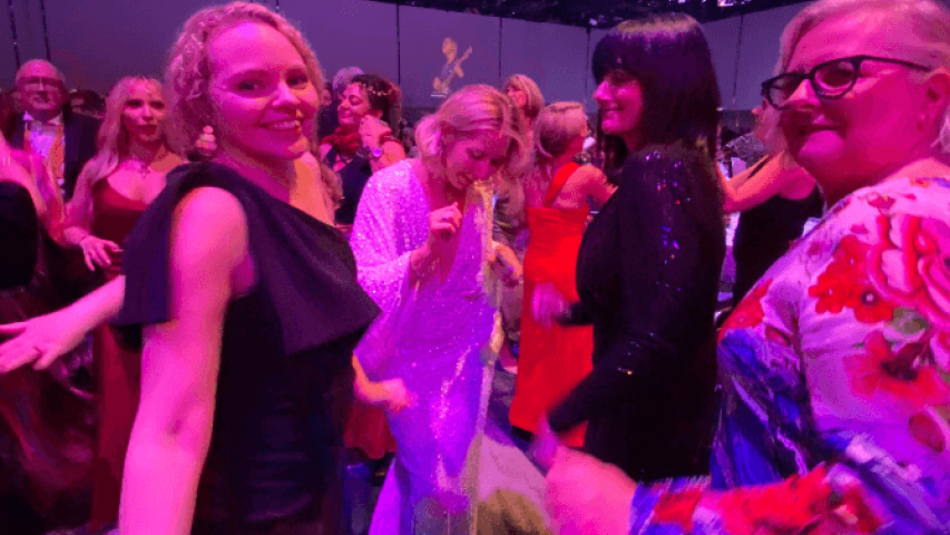 Pillow Talk team and Sarah C on the dance floor