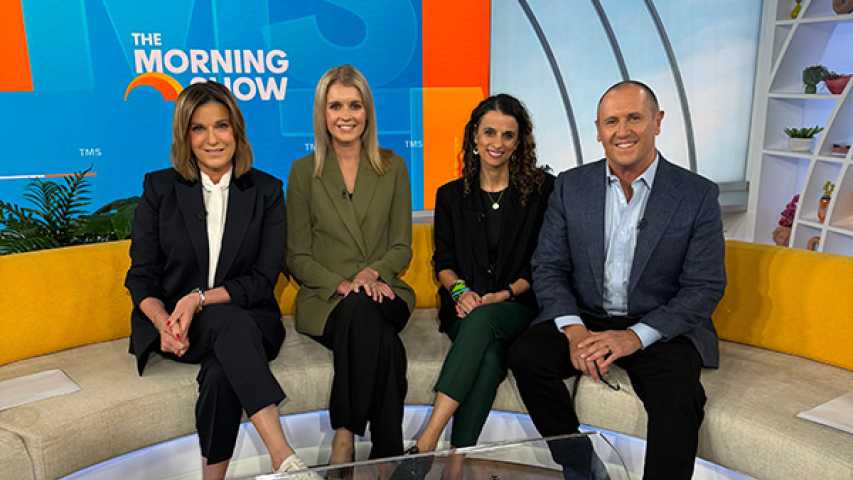 Canteen's Sandy Cham sitting on The Morning Show sofa alongside TV presenters to discuss the impact of facing cancer early in life.
